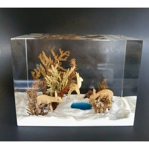 Large Lucite Acrylic Block Sculpture Scene of Snowy Forest & Water w/ 3 Deer Vtg